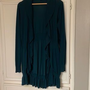 Style and Co dark green open sweater, ruffled front and bottom.